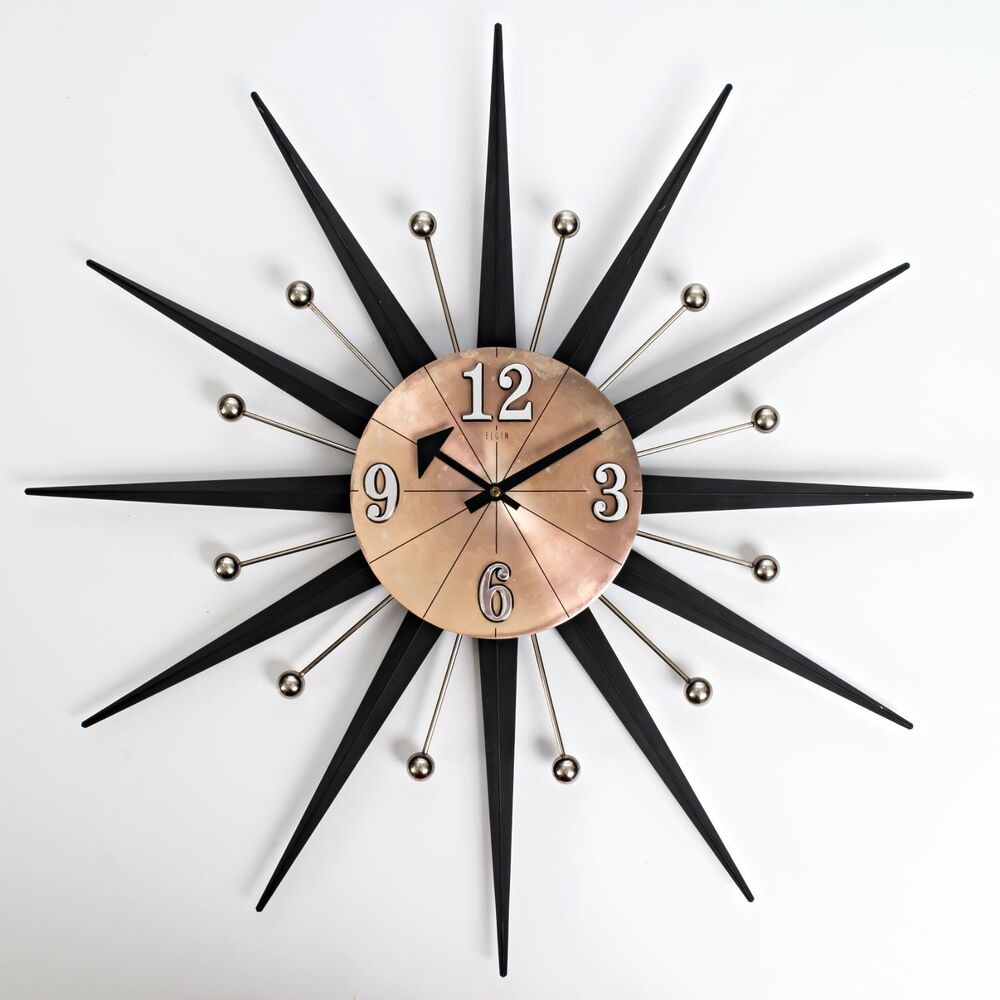 MCM Vintage 1960s 25in Tall And 25in Wide Elgin Starburst Wall Clock